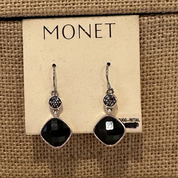 NWT Monet Earrings- silver tone dangle with black faceted square bead - Picture 2 of 8
